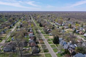 Overhead view of neighborhood street in spring.