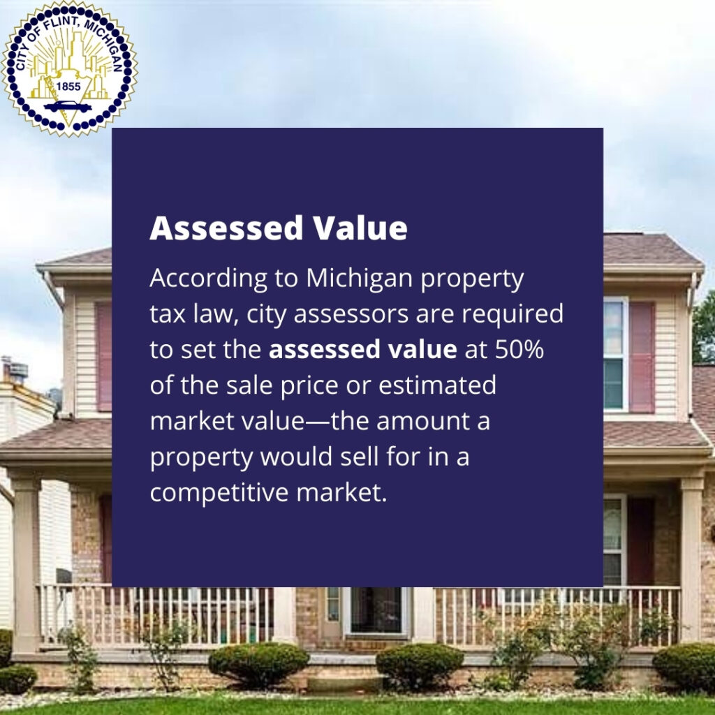 Assessed Value: According to Michigan property tax law, city assessors are required to set the assessed value at 50% of the sale price or estimated market value—the amount a property would sell for in a competitive market.