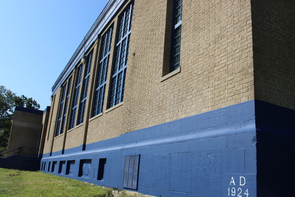 Side view of Haskell facade including cornerstone