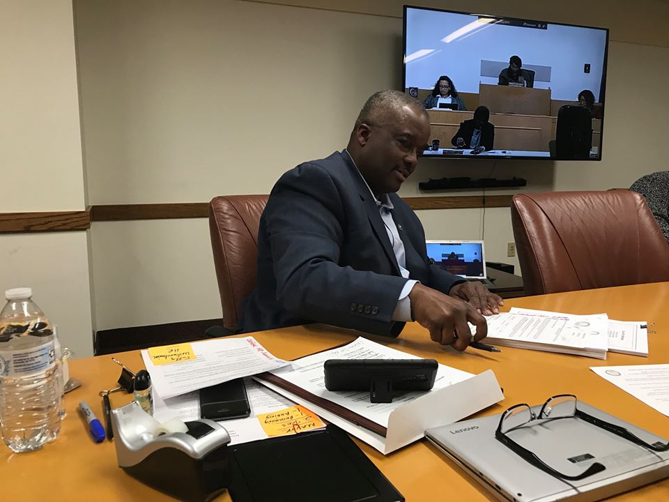 City Administrator Clyde Edwards working with City Council remotely from the Mayor's Office Conference Room.
