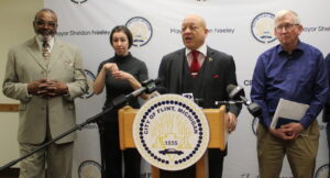 From Left: Chief of Staff Ed Taylor, ASL Interpreter Tracy Trace, Mayor Sheldon Neeley, Finance Director Phil Moore address members of the press on Thursday, March 5, 2026.