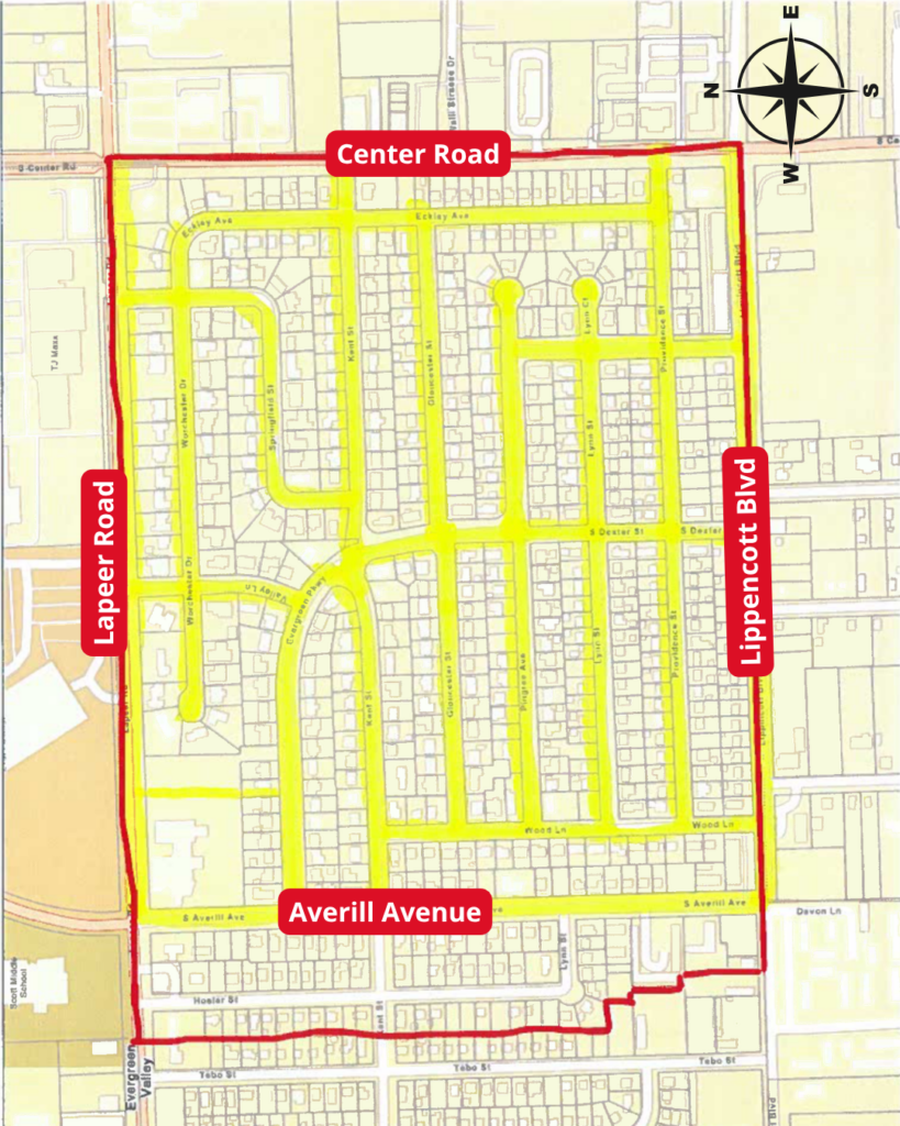 A map of the smoke testing location showing the area bordered by Center Road, Lippencott Blvd., Averill Ave., and Lapeer Road.