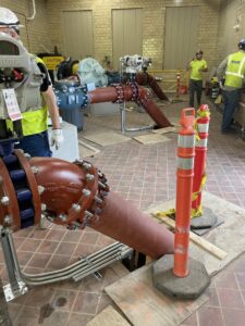 A view of three of the newly installed pumps at the Cedar Street pump station. 