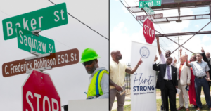 Side by side pictures showing (left) the placement of C. Frederick Robinson's street sign and (right) Mayor Sheldon Neeley and others pointing to the newly installed street sign honoring Dr. Lewis Randolph.