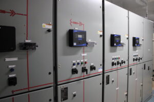 View of control panels inside one of two new electrical control room units into place at the Flint Wastewater Treatment Plant.