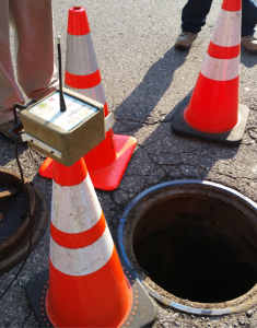 An RF transmitter unit sends sound signals through the system to a sensor connected farther along the line.